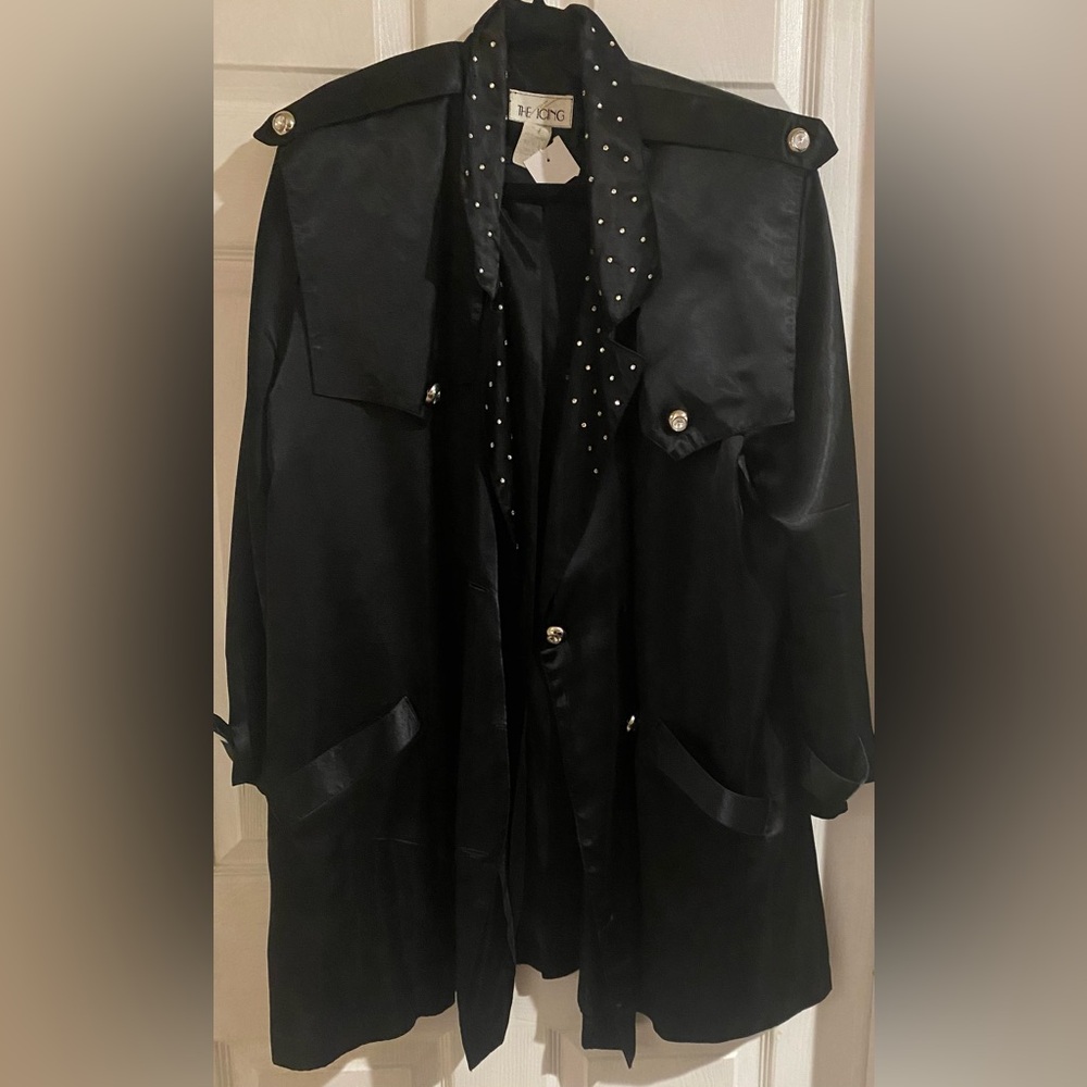 Elegant Black Satin Coat with Studded Details